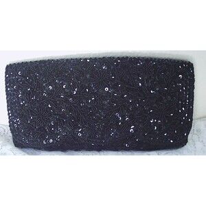 Vintage Nomis Black Sequined and Beaded Clutch, Made in Hong Kong 10x5x1
